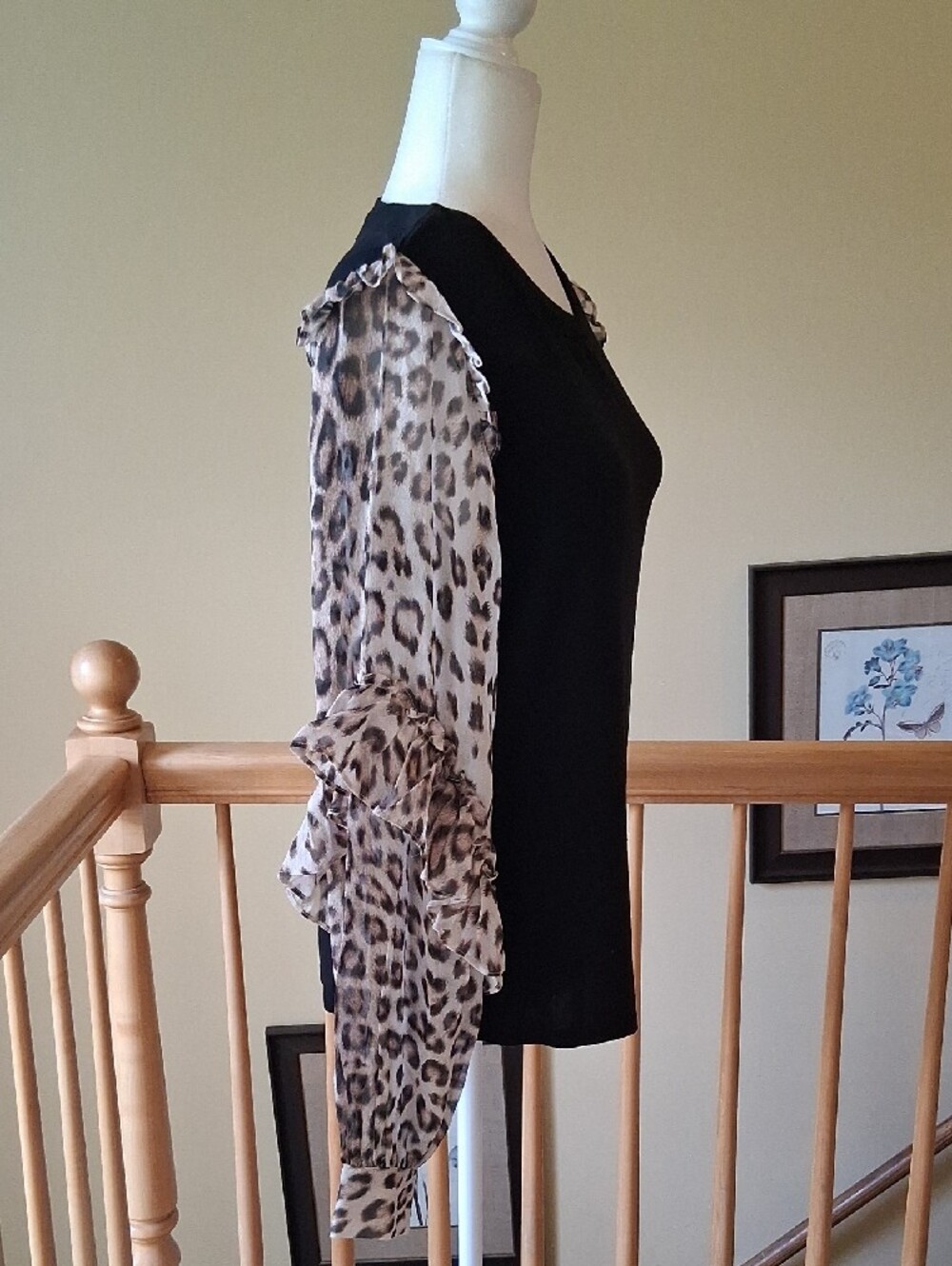 Generation Love Noelle Black Silk + Knit Blouse + Leopard-Print Ruffle Sleeves - Picture 3 of 9
